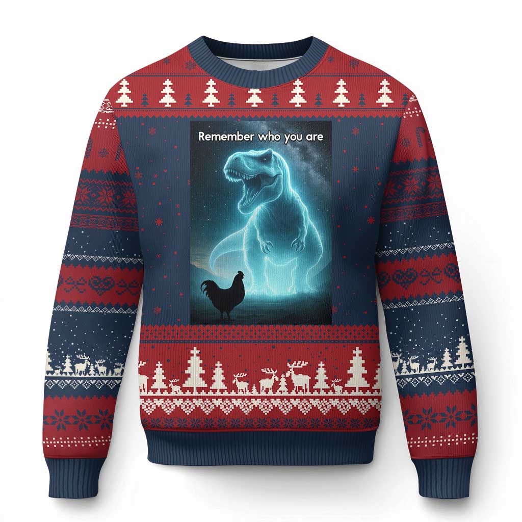 Remember Who You Are Ugly Christmas Sweater Funny Evolution Joke Meme Chicken Dinosaur - Wonder Print Shop