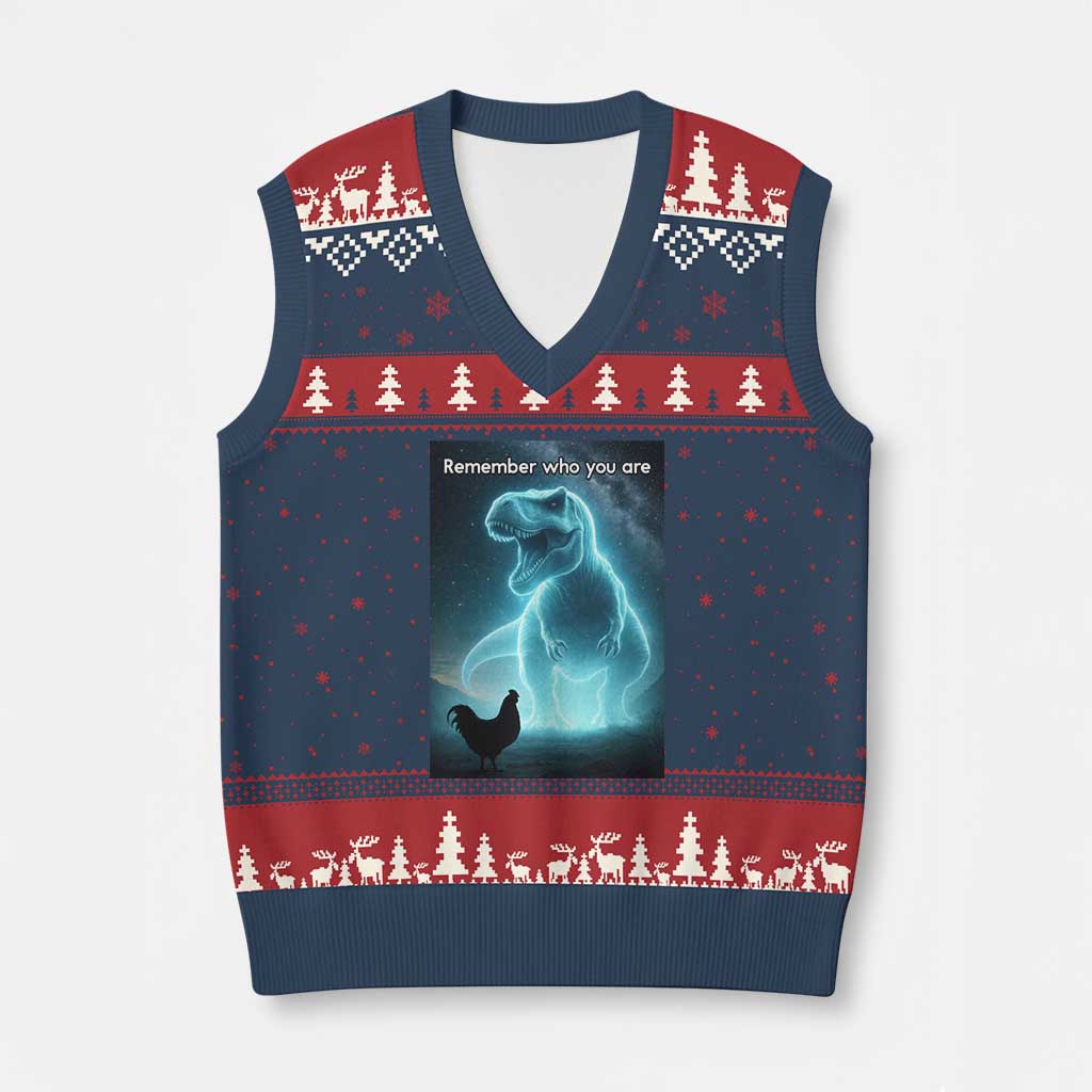 Remember Who You Are V-Neck Knit Sweater Vest Funny Evolution Joke Meme Chicken Dinosaur - Wonder Print Shop