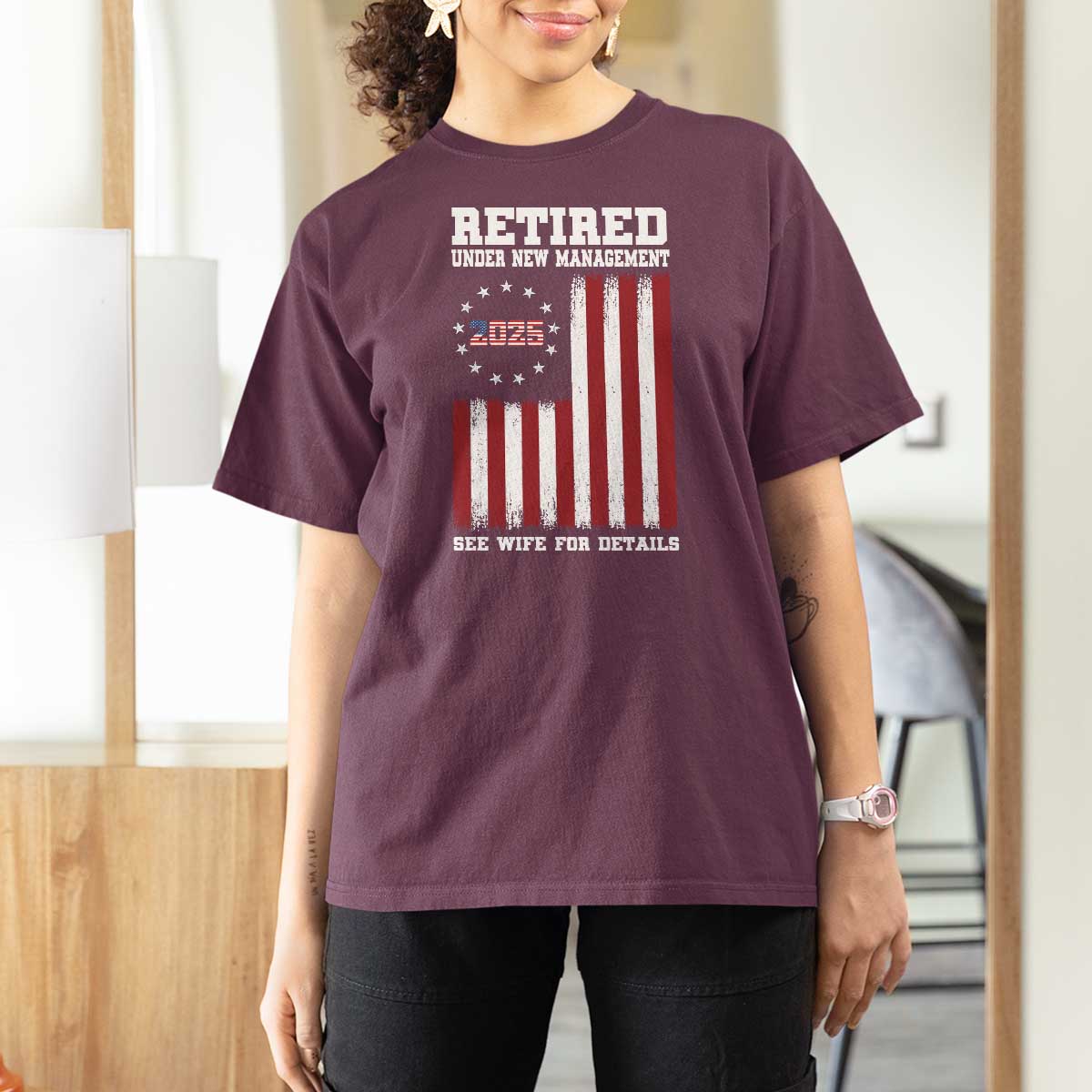 Funny Retired 2025 T Shirt For Women Under New Management See Wife for Details American Flag