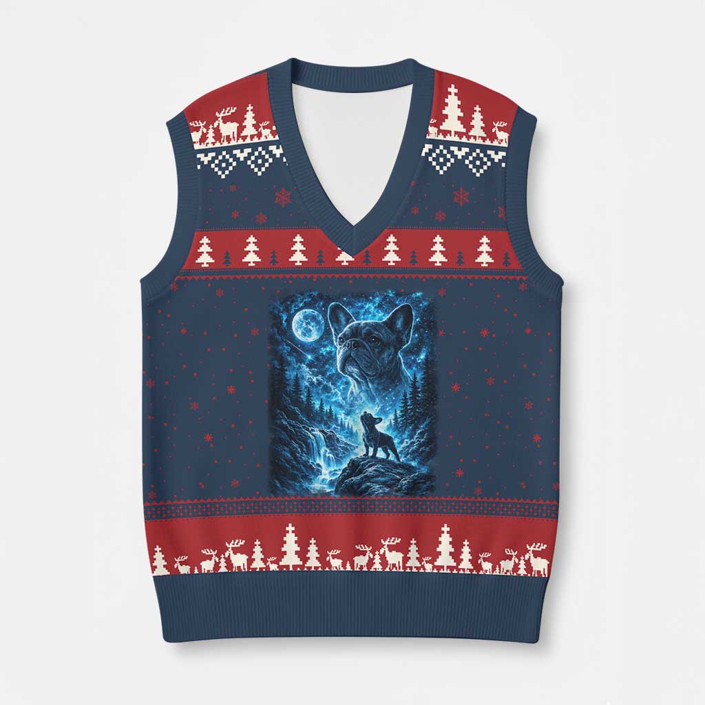French Bulldog Howling To The Moon V-Neck Knit Sweater Vest Vintage Graphic Dog Lovers Silly Frenchy Bulldog Mom