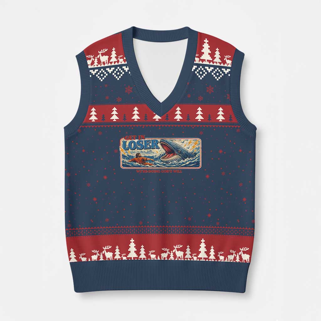 Funny Jonah And The Whale V-Neck Knit Sweater Vest Christian Bible Get in Loser Were Doing Gods Will