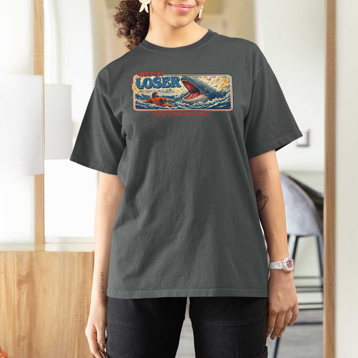 Funny Jonah And The Whale T Shirt For Women Christian Bible Get in Loser Were Doing Gods Will