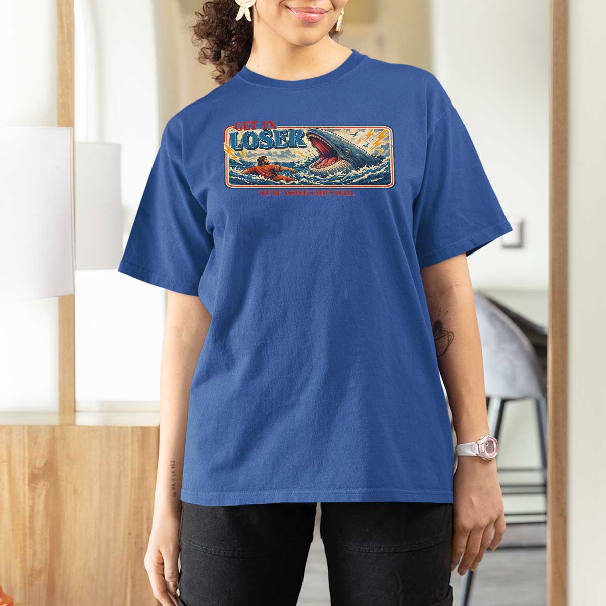 Funny Jonah And The Whale T Shirt For Women Christian Bible Get in Loser Were Doing Gods Will