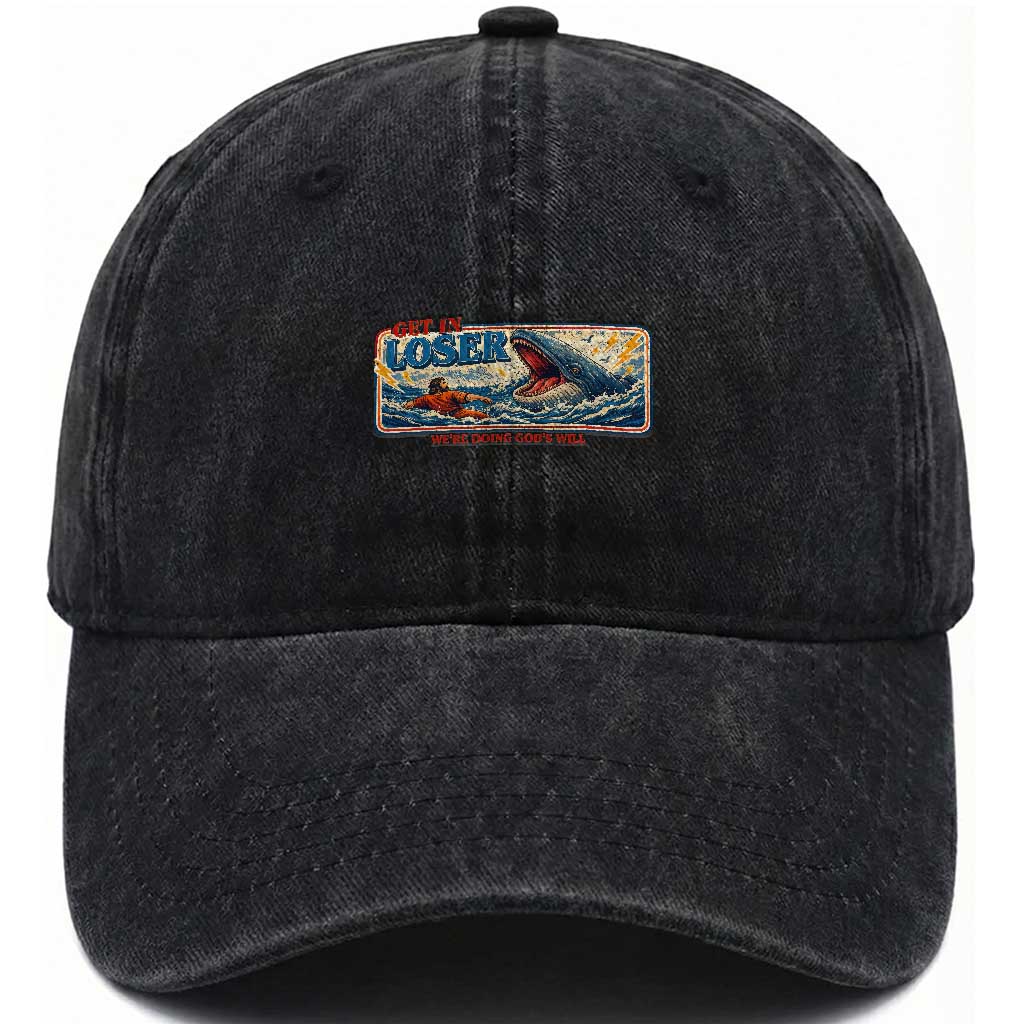 Funny Jonah And The Whale Washed Cotton Baseball Cap Christian Bible Get in Loser Were Doing Gods Will