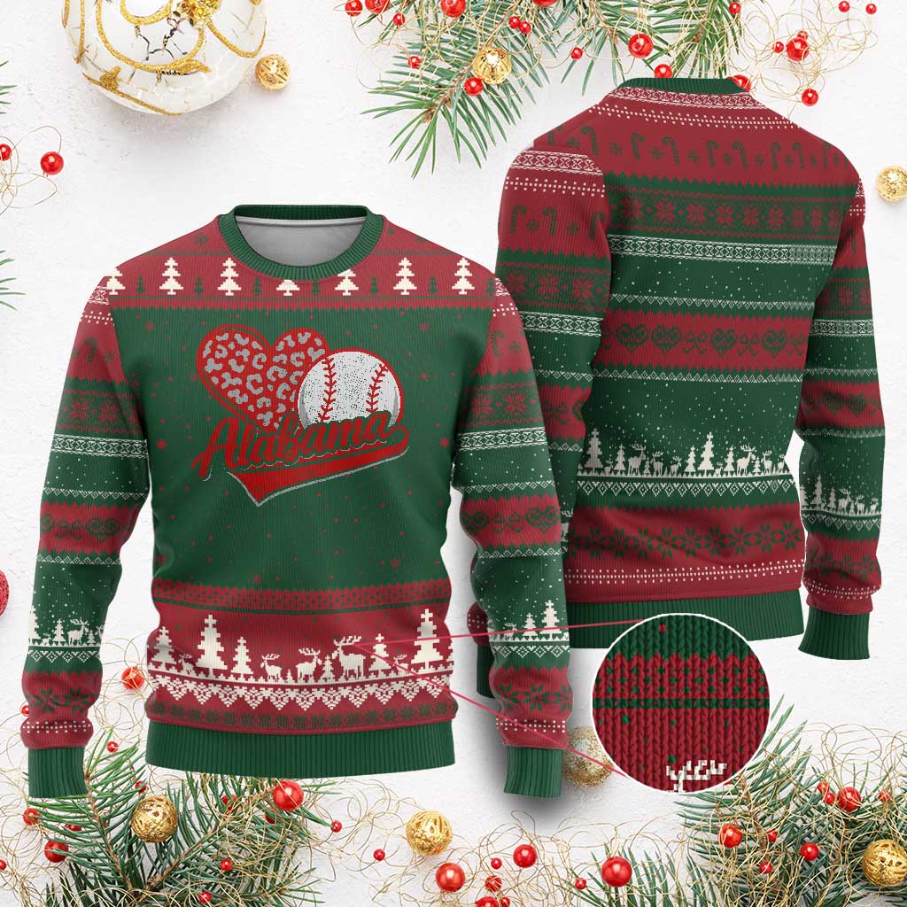 Alabama Fan Ugly Christmas Sweater AL Baseball Heart Graphic Sports Style 80s 90s