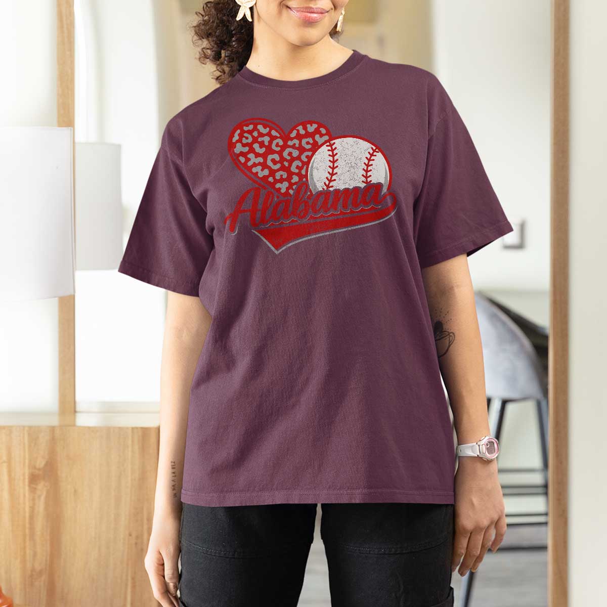 Alabama Fan T Shirt For Women AL Baseball Heart Graphic Sports Style 80s 90s