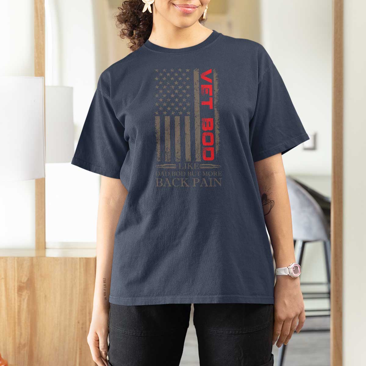Vet Bod T Shirt For Women Funny Veteran Like Dad Bod But More Back Pain US Flag - Wonder Print Shop