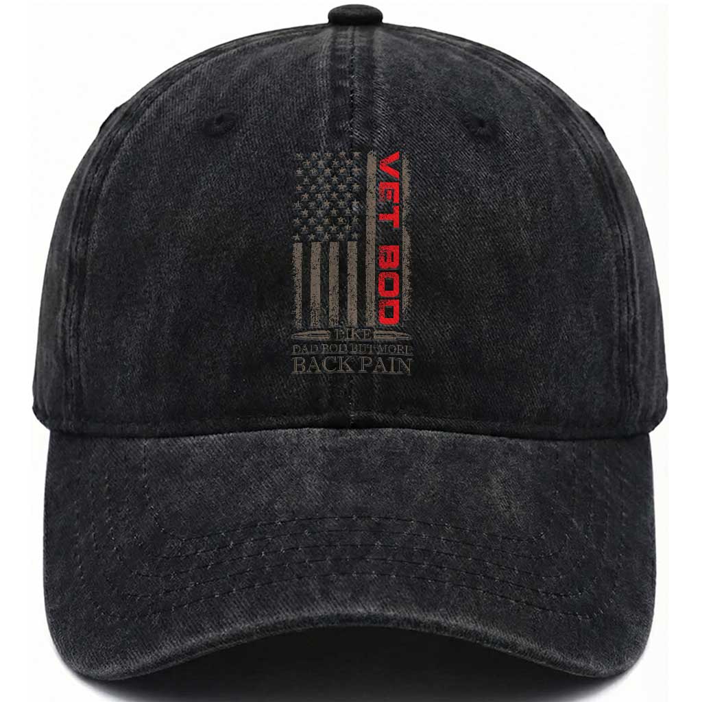 Vet Bod Washed Cotton Baseball Cap Funny Veteran Like Dad Bod But More Back Pain US Flag