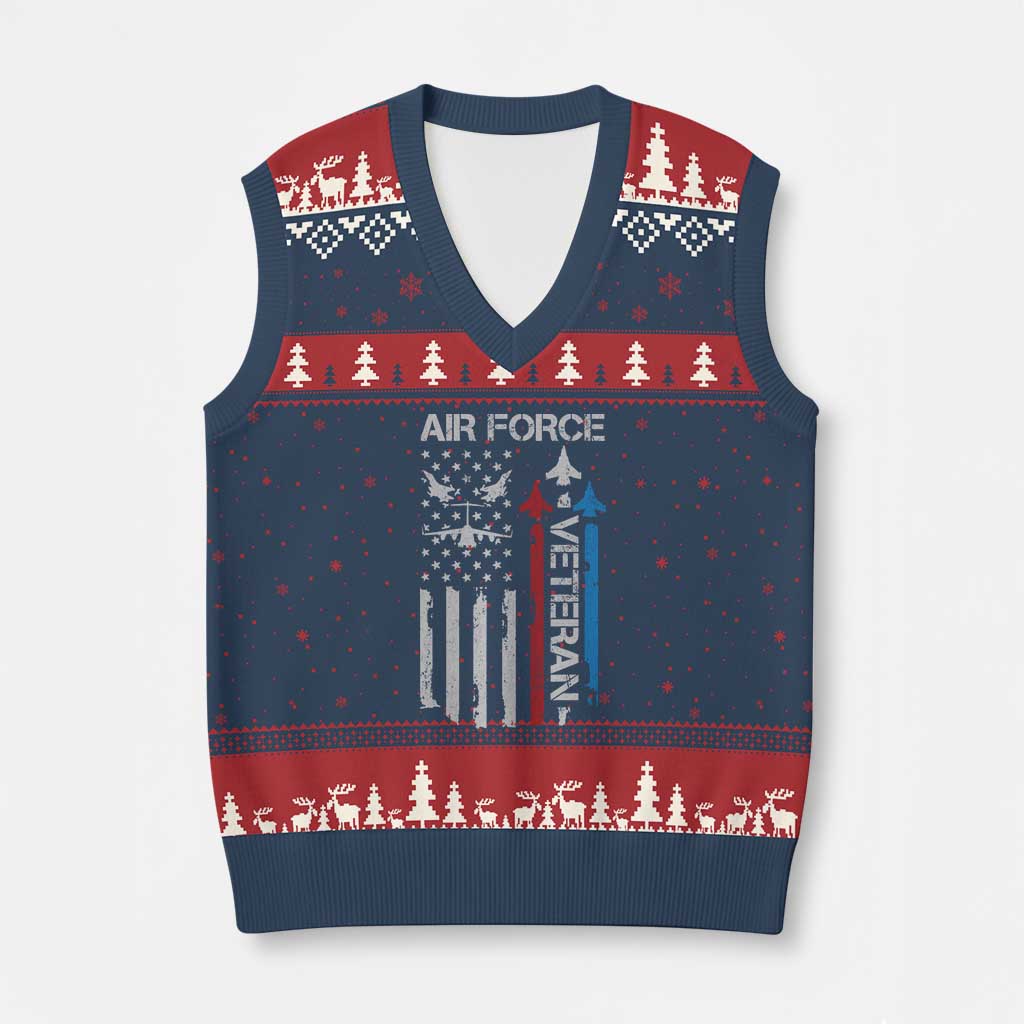 Air Force Veteran V-Neck Knit Sweater Vest Distressed American Flag Retired Dad Grandpa