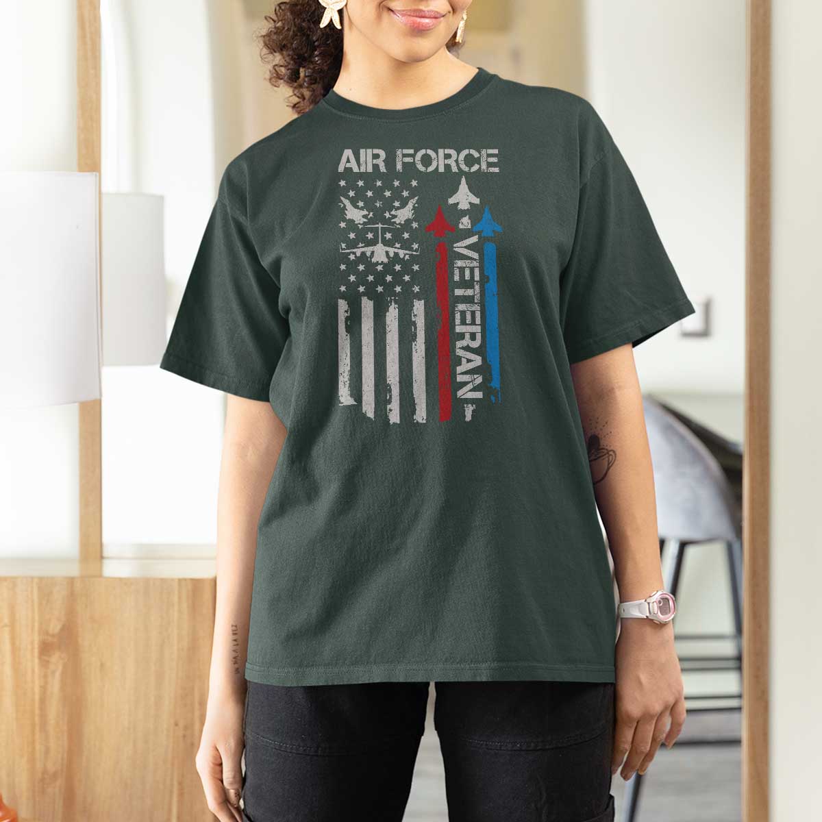 Air Force Veteran T Shirt For Women Distressed American Flag Retired Dad Grandpa