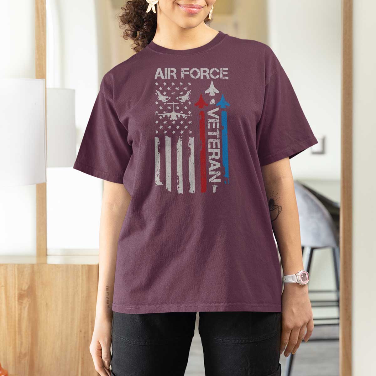 Air Force Veteran T Shirt For Women Distressed American Flag Retired Dad Grandpa