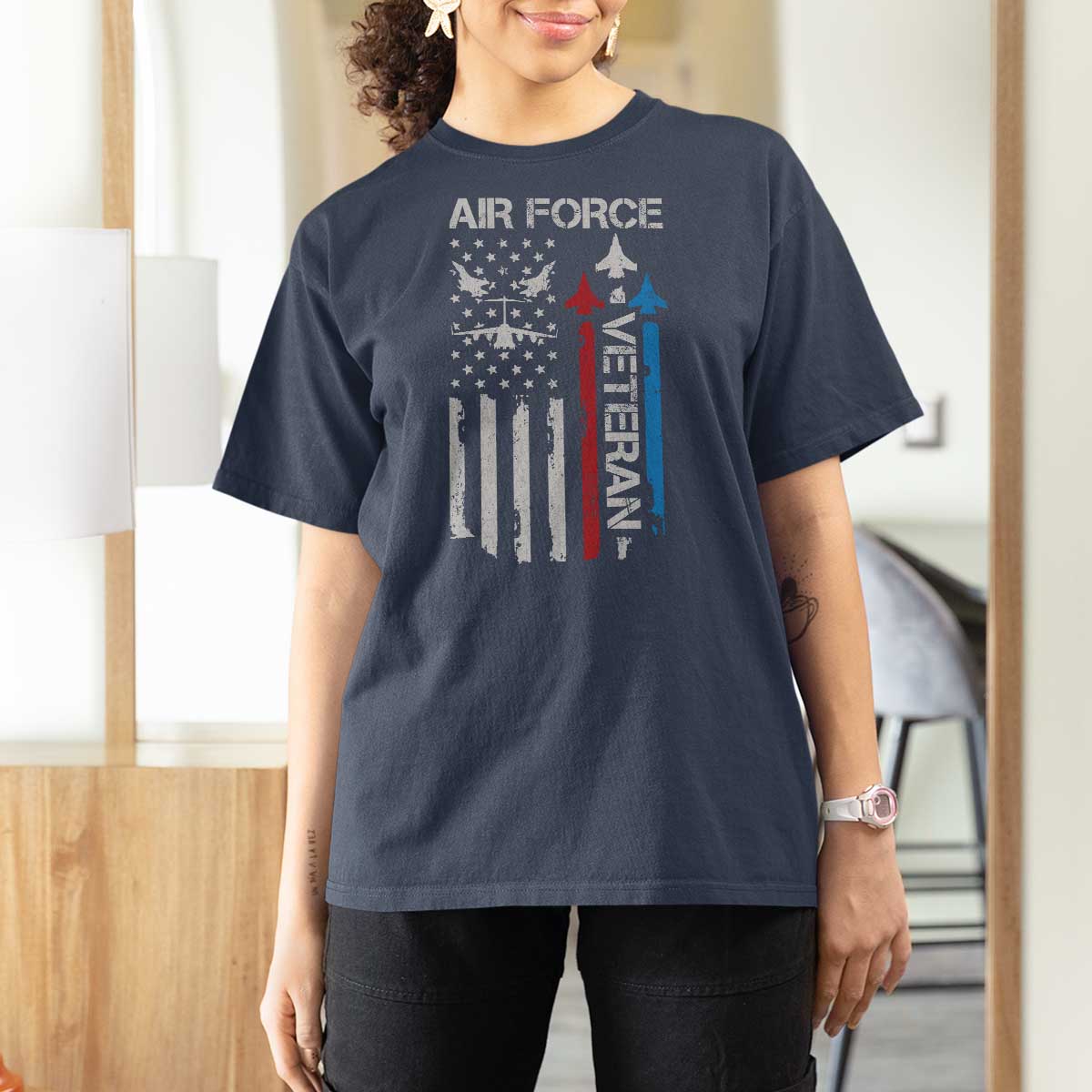 Air Force Veteran T Shirt For Women Distressed American Flag Retired Dad Grandpa