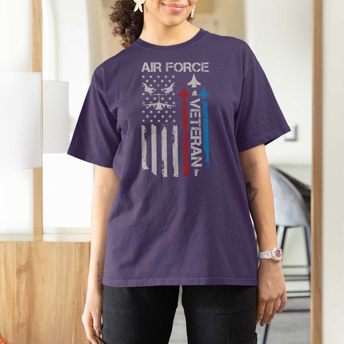 Air Force Veteran T Shirt For Women Distressed American Flag Retired Dad Grandpa