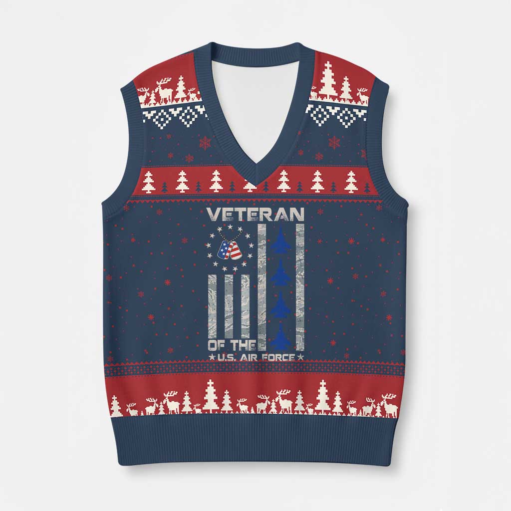 Veteran Of The US Air Force V-Neck Knit Sweater Vest Vintage Camo USA Flag Veterans - Wonder Print Shop