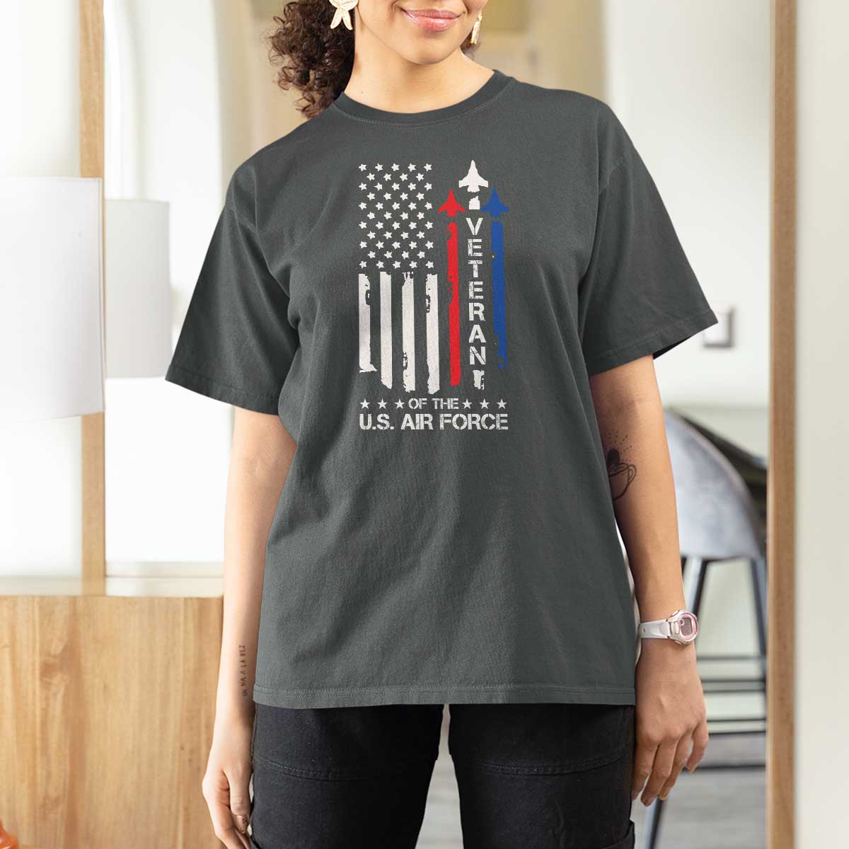 Air Force Veteran T Shirt For Women Vintage US Flag - Wonder Print Shop