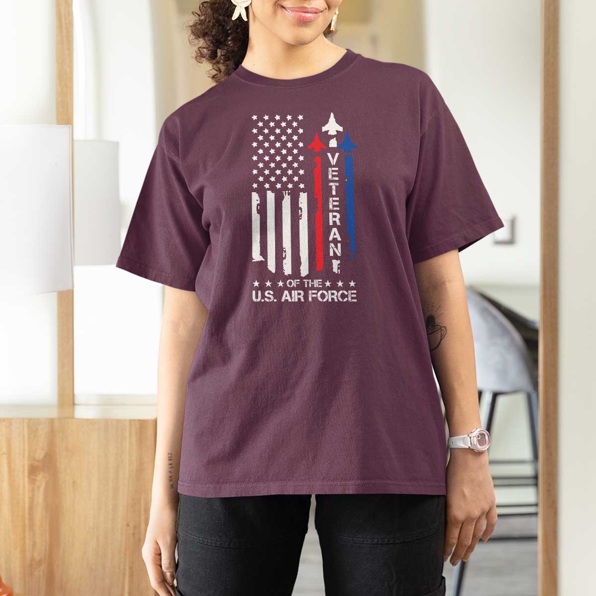Air Force Veteran T Shirt For Women Vintage US Flag - Wonder Print Shop