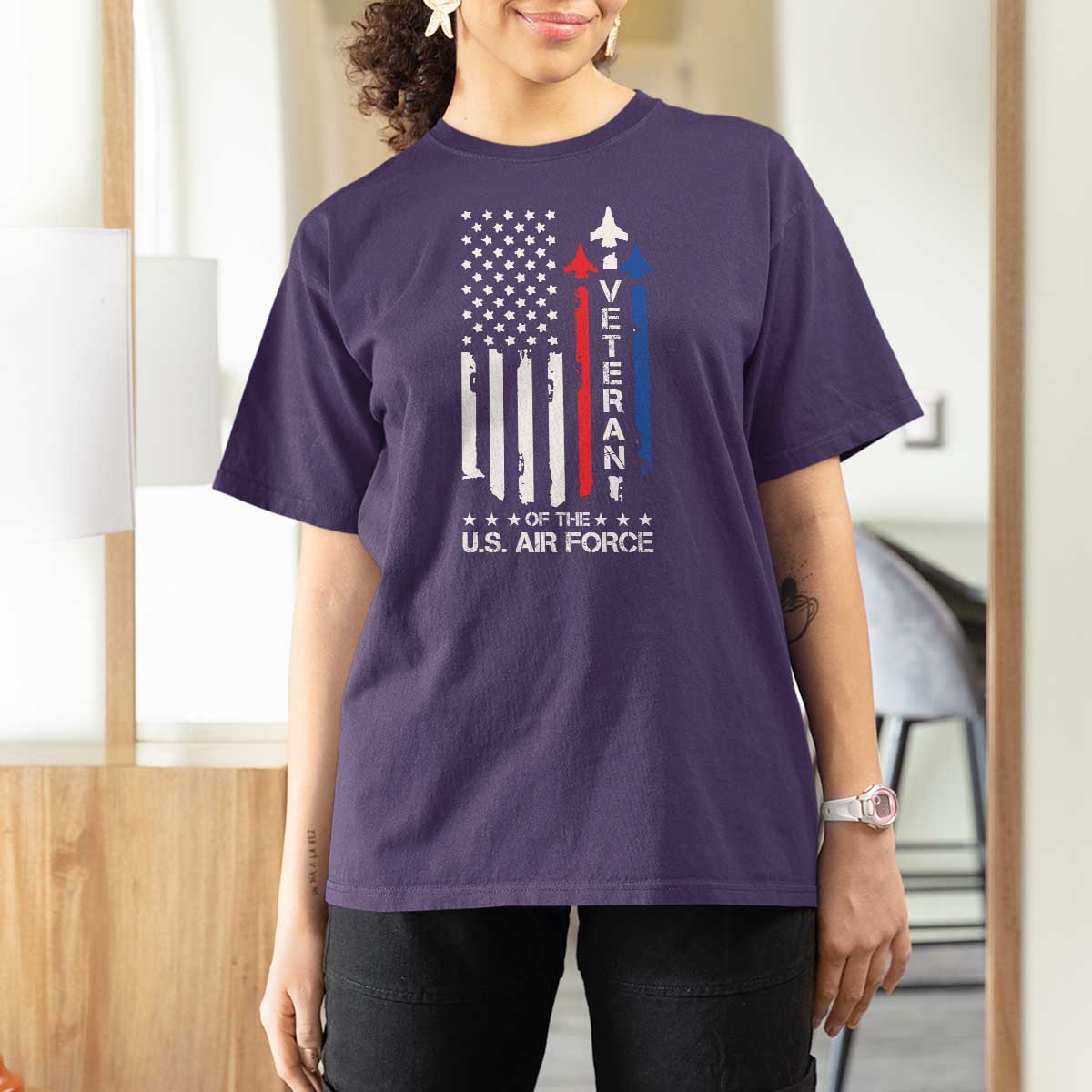 Air Force Veteran T Shirt For Women Vintage US Flag - Wonder Print Shop