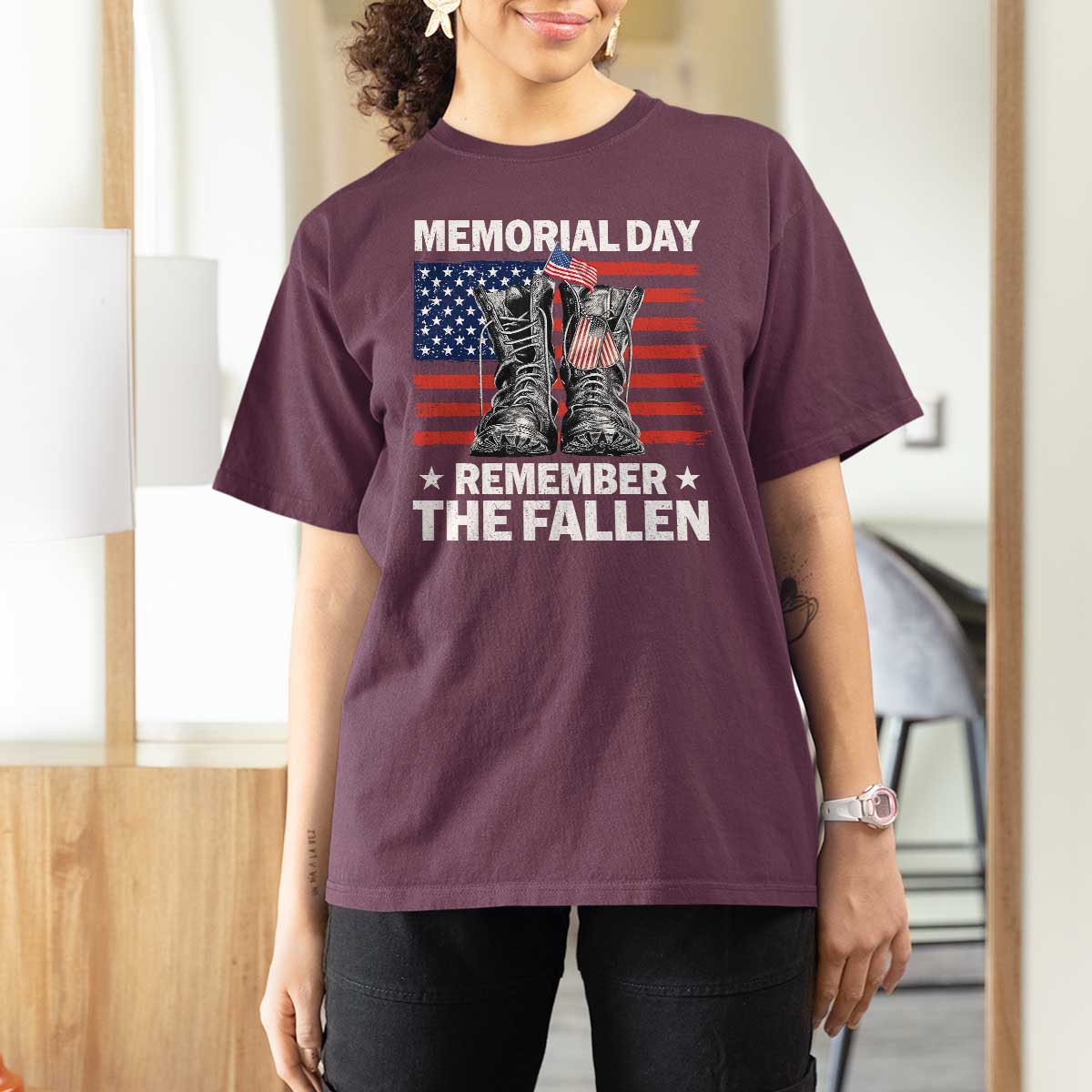 Memorial Day Remember The Fallen T Shirt For Women Veteran Military Vintage USA Flag - Wonder Print Shop