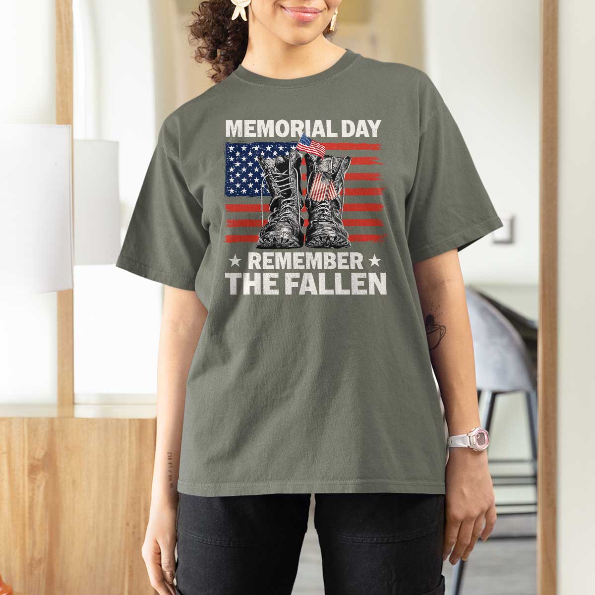 Memorial Day Remember The Fallen T Shirt For Women Veteran Military Vintage USA Flag - Wonder Print Shop