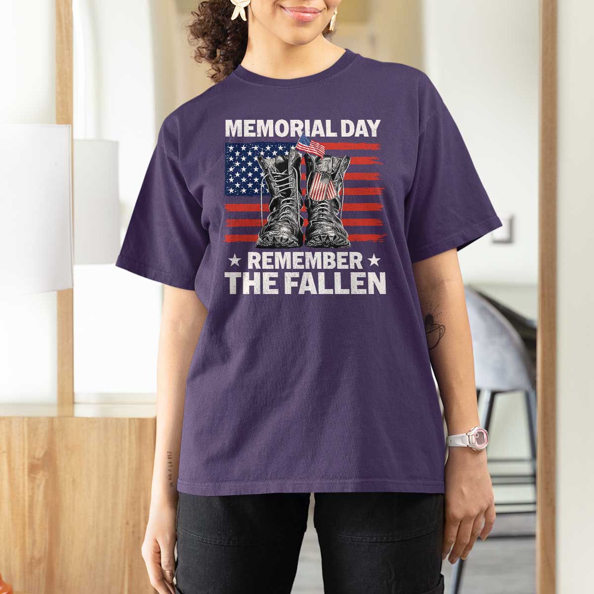 Memorial Day Remember The Fallen T Shirt For Women Veteran Military Vintage USA Flag - Wonder Print Shop