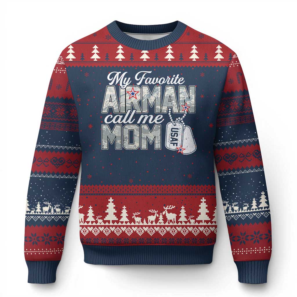 Proud Air Force Family Ugly Christmas Sweater My Favorite Airman Calls Me Mom - Wonder Print Shop
