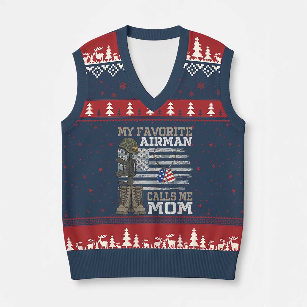 Proud Air Force Mom V-Neck Knit Sweater Vest My Favorite Airman Military Family Camo US Flag - Wonder Print Shop