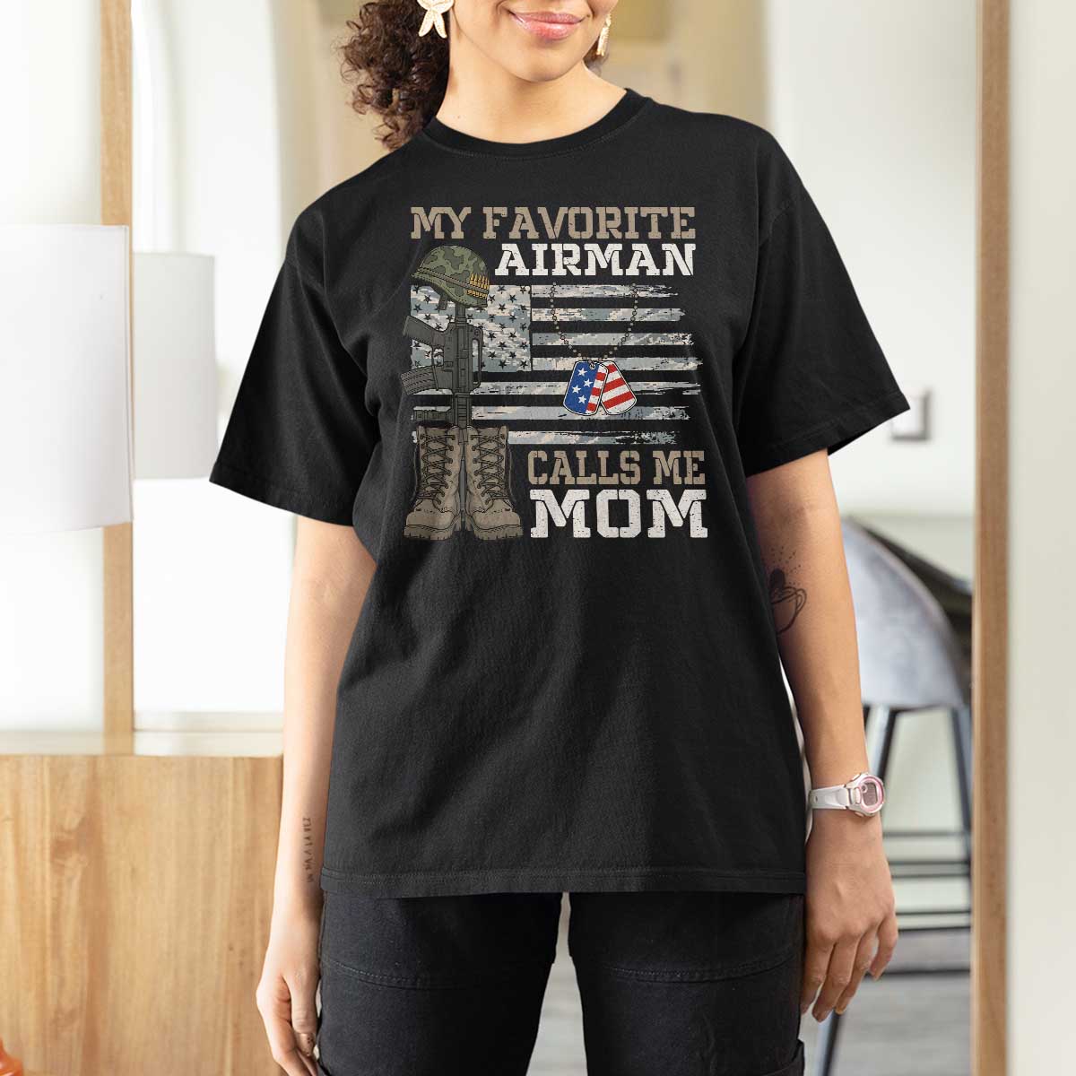 Proud Air Force Mom T Shirt For Women My Favorite Airman Military Family Camo US Flag - Wonder Print Shop