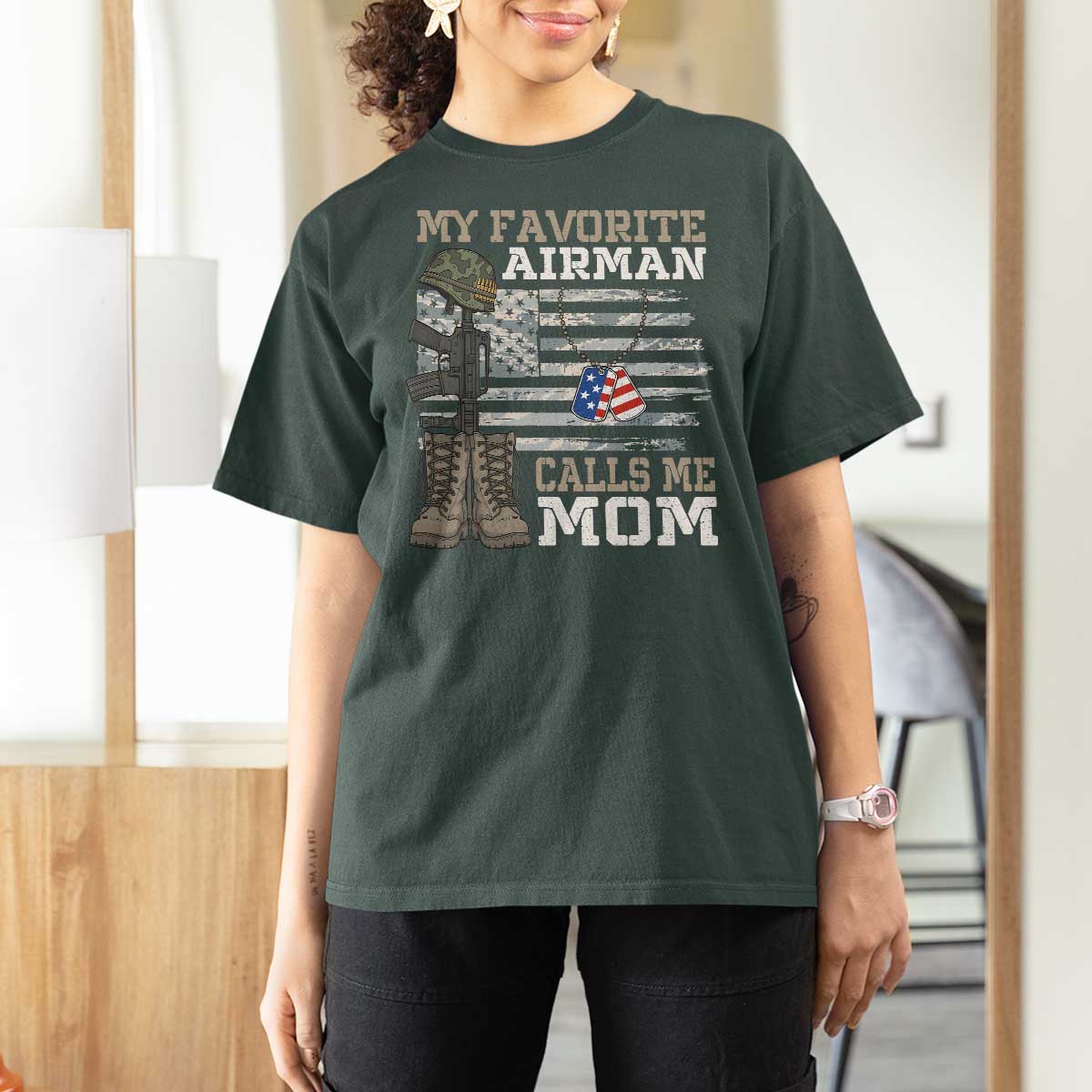 Proud Air Force Mom T Shirt For Women My Favorite Airman Military Family Camo US Flag - Wonder Print Shop