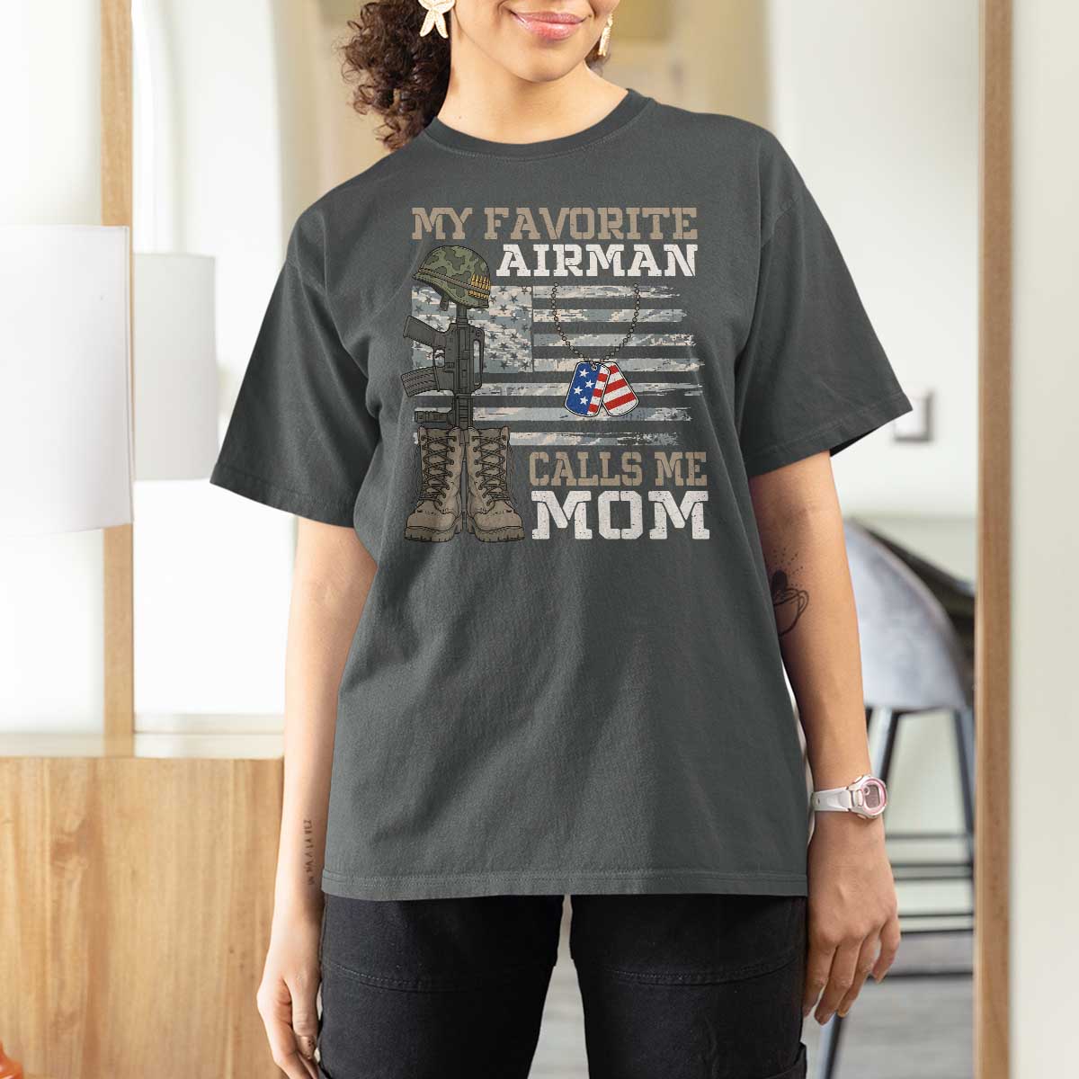 Proud Air Force Mom T Shirt For Women My Favorite Airman Military Family Camo US Flag - Wonder Print Shop