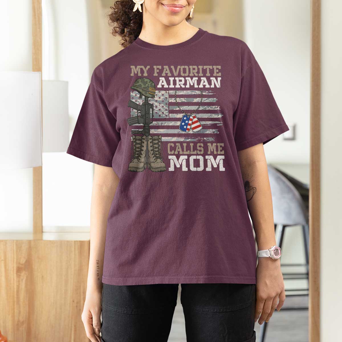 Proud Air Force Mom T Shirt For Women My Favorite Airman Military Family Camo US Flag - Wonder Print Shop