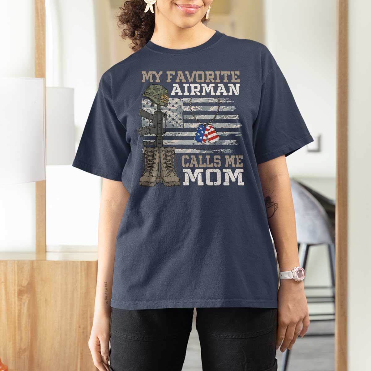 Proud Air Force Mom T Shirt For Women My Favorite Airman Military Family Camo US Flag - Wonder Print Shop