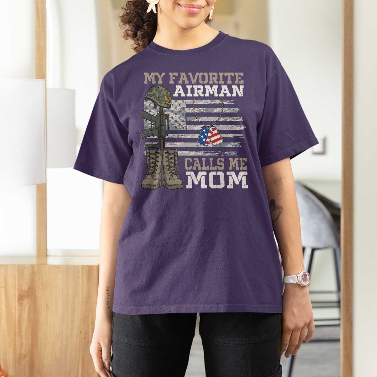 Proud Air Force Mom T Shirt For Women My Favorite Airman Military Family Camo US Flag - Wonder Print Shop