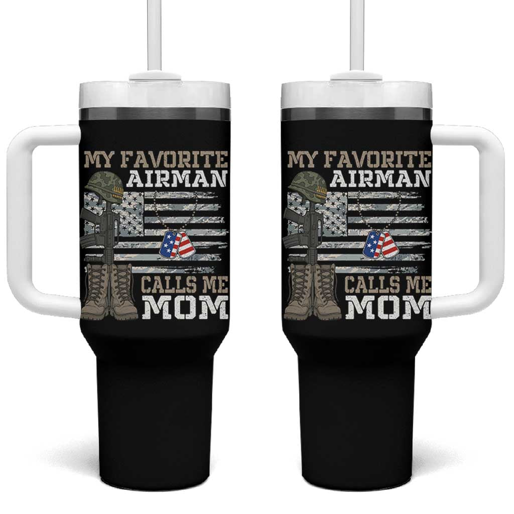 Proud Air Force Mom Tumbler With Handle My Favorite Airman Military Family Camo US Flag - Wonder Print Shop