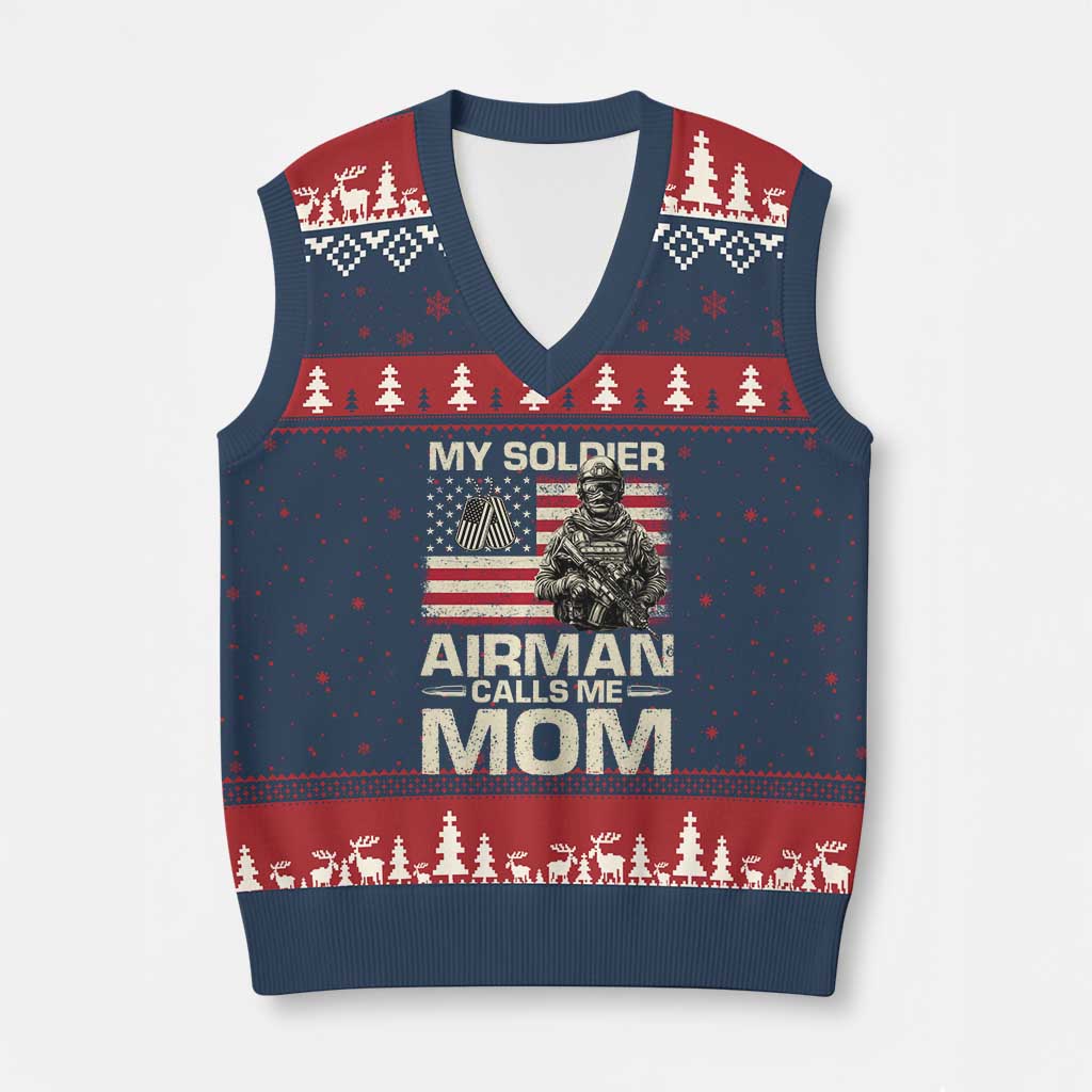 Proud Air Force Mom V-Neck Knit Sweater Vest My Soldier Airman Calls Me Mom US Flag - Wonder Print Shop