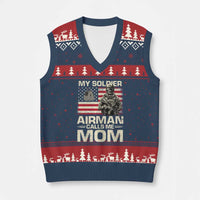 Proud Air Force Mom V-Neck Knit Sweater Vest My Soldier Airman Calls Me Mom US Flag - Wonder Print Shop