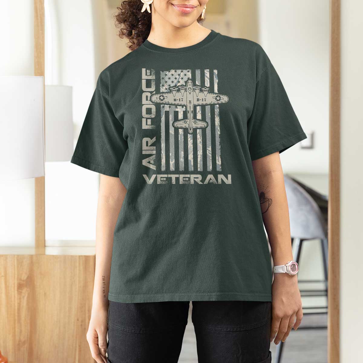 Air Force Veteran T Shirt For Women Vintage Camo USA Flag Veterans - Wonder Print Shop