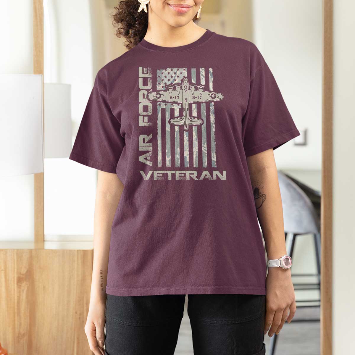 Air Force Veteran T Shirt For Women Vintage Camo USA Flag Veterans - Wonder Print Shop