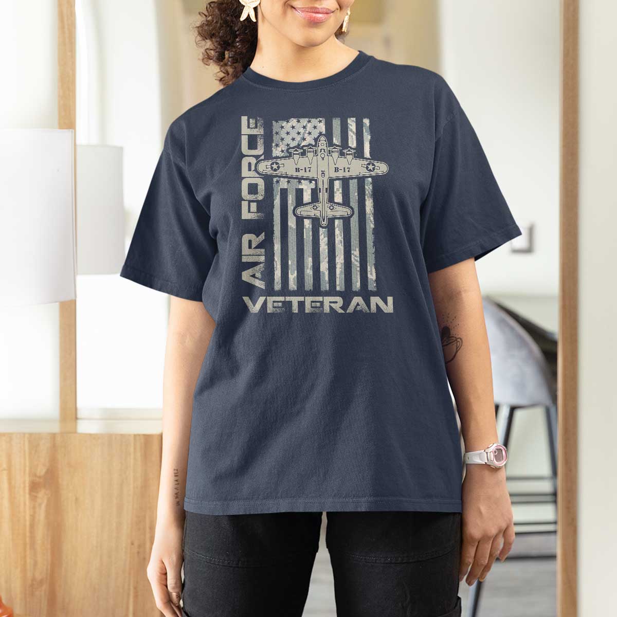 Air Force Veteran T Shirt For Women Vintage Camo USA Flag Veterans - Wonder Print Shop