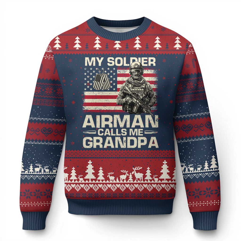 Proud Air Force Grandpa Ugly Christmas Sweater My Soldier Airman Calls Me Grandpa US Flag - Wonder Print Shop