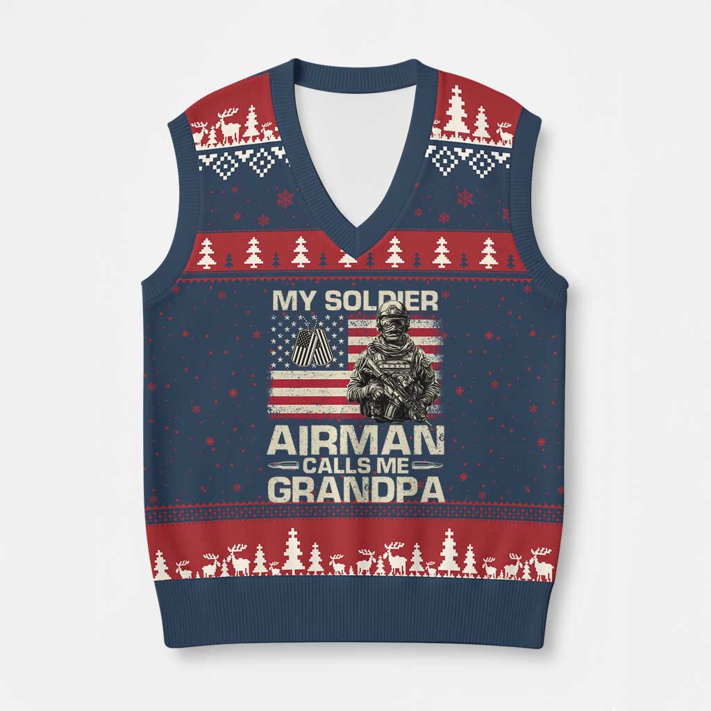 Proud Air Force Grandpa V-Neck Knit Sweater Vest My Soldier Airman Calls Me Grandpa US Flag - Wonder Print Shop