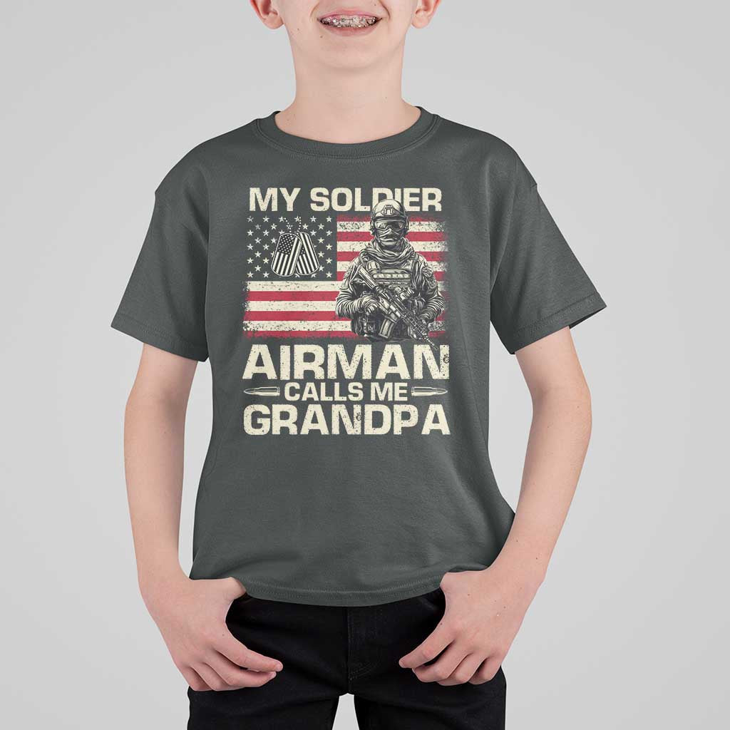 Proud Air Force Grandpa T Shirt For Kid My Soldier Airman Calls Me Grandpa US Flag - Wonder Print Shop