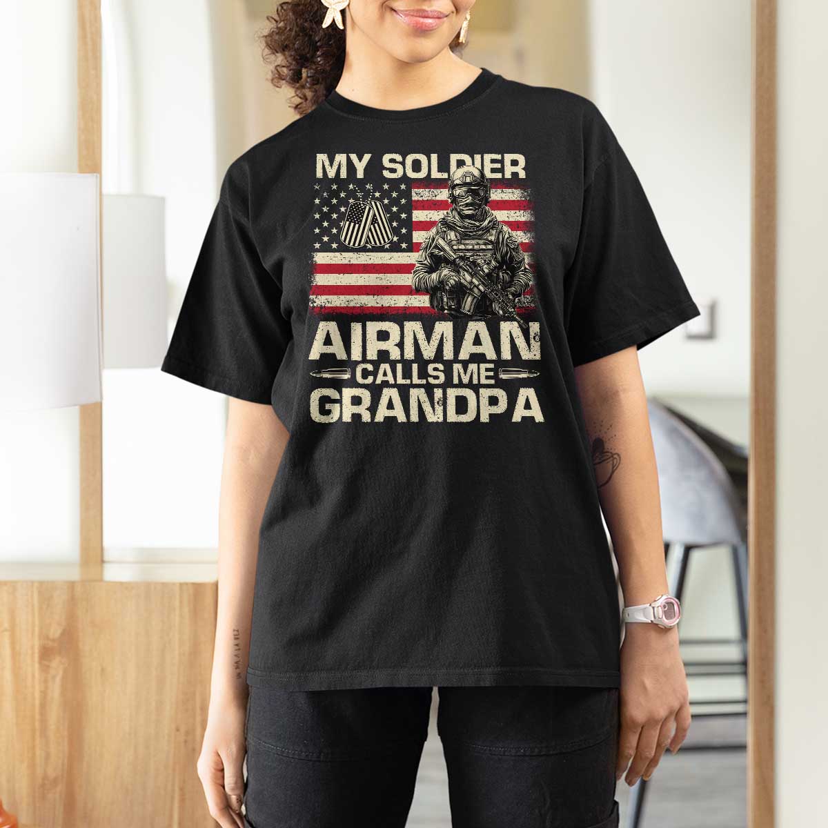 Proud Air Force Grandpa T Shirt For Women My Soldier Airman Calls Me Grandpa US Flag - Wonder Print Shop