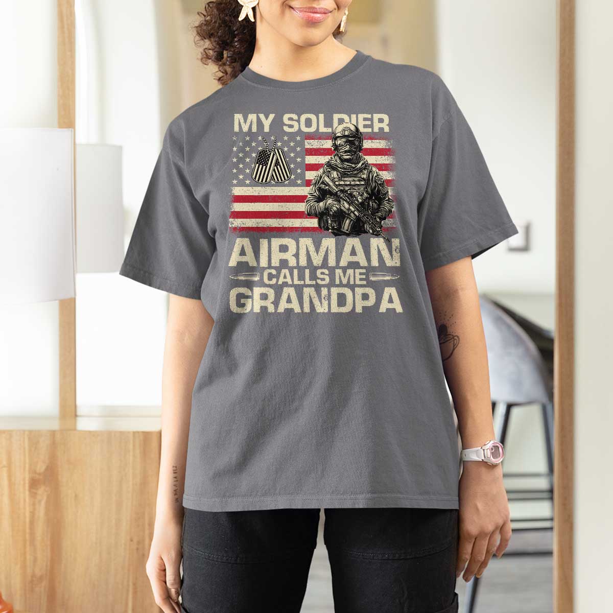 Proud Air Force Grandpa T Shirt For Women My Soldier Airman Calls Me Grandpa US Flag - Wonder Print Shop