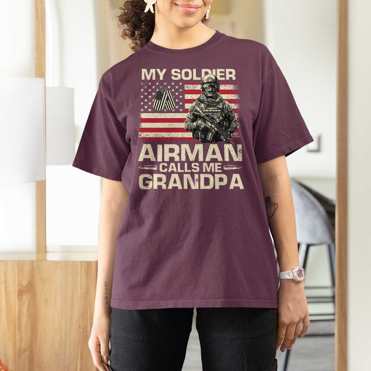 Proud Air Force Grandpa T Shirt For Women My Soldier Airman Calls Me Grandpa US Flag - Wonder Print Shop