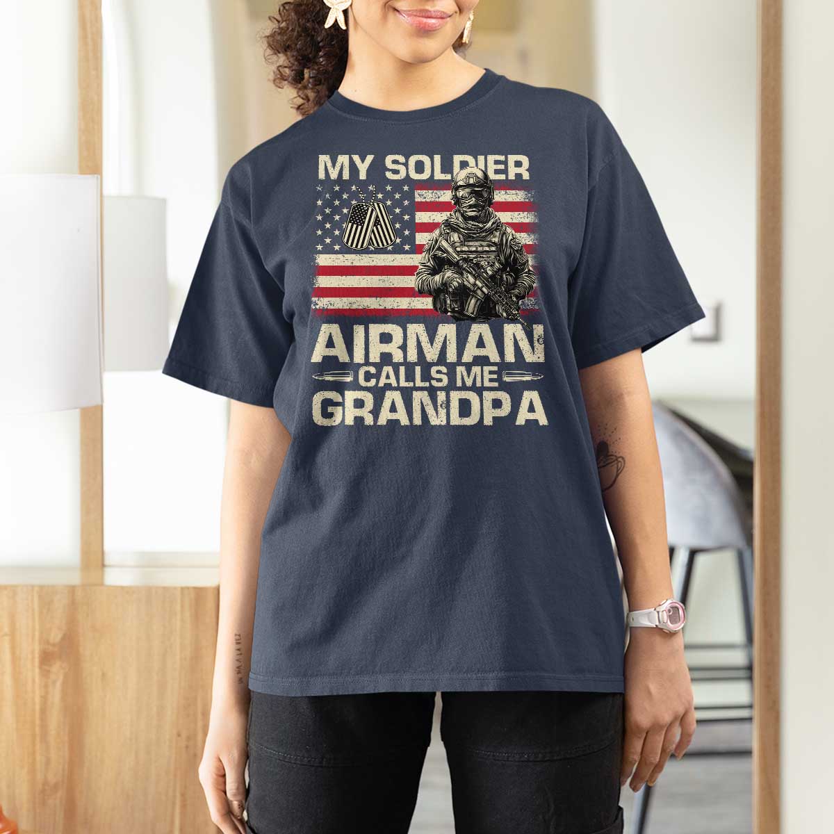 Proud Air Force Grandpa T Shirt For Women My Soldier Airman Calls Me Grandpa US Flag - Wonder Print Shop