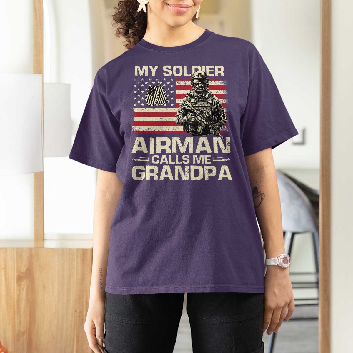 Proud Air Force Grandpa T Shirt For Women My Soldier Airman Calls Me Grandpa US Flag - Wonder Print Shop