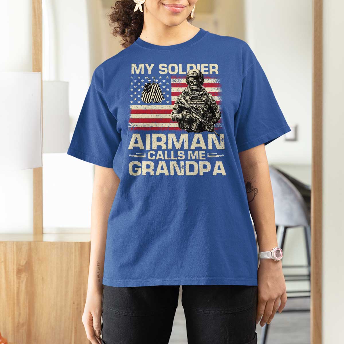 Proud Air Force Grandpa T Shirt For Women My Soldier Airman Calls Me Grandpa US Flag - Wonder Print Shop