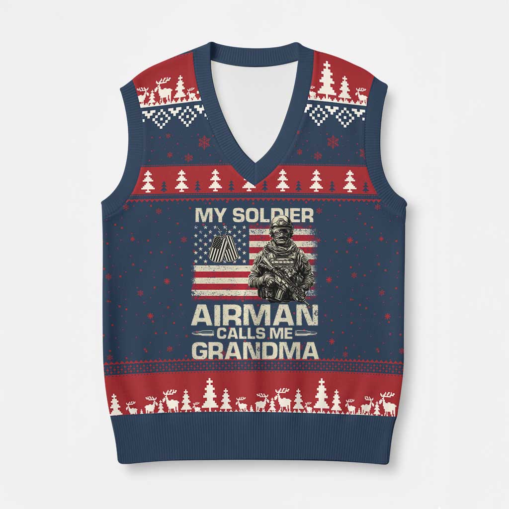 Proud Air Force Grandma V-Neck Knit Sweater Vest My Soldier Airman Calls Me Grandma US Flag - Wonder Print Shop