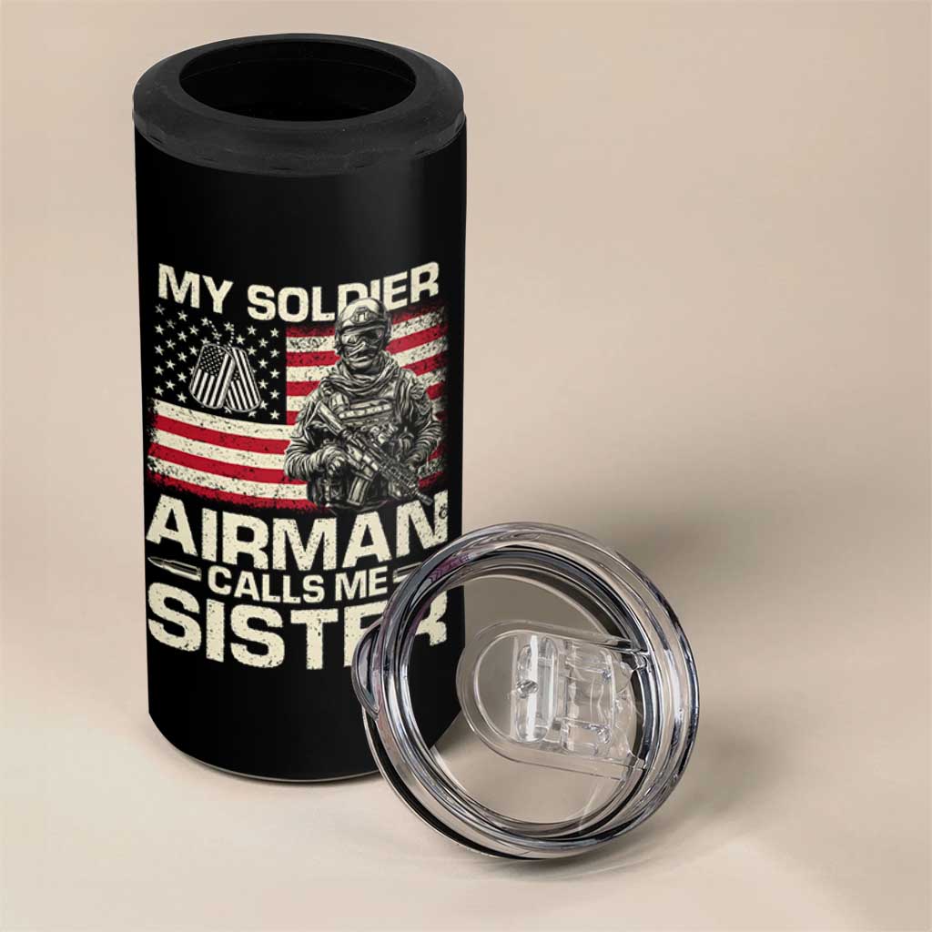 Proud Air Force Sister 4 in 1 Can Cooler Tumbler My Soldier Airman Calls Me Sister US Flag - Wonder Print Shop