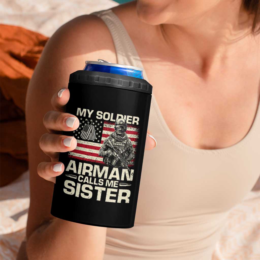 Proud Air Force Sister 4 in 1 Can Cooler Tumbler My Soldier Airman Calls Me Sister US Flag - Wonder Print Shop